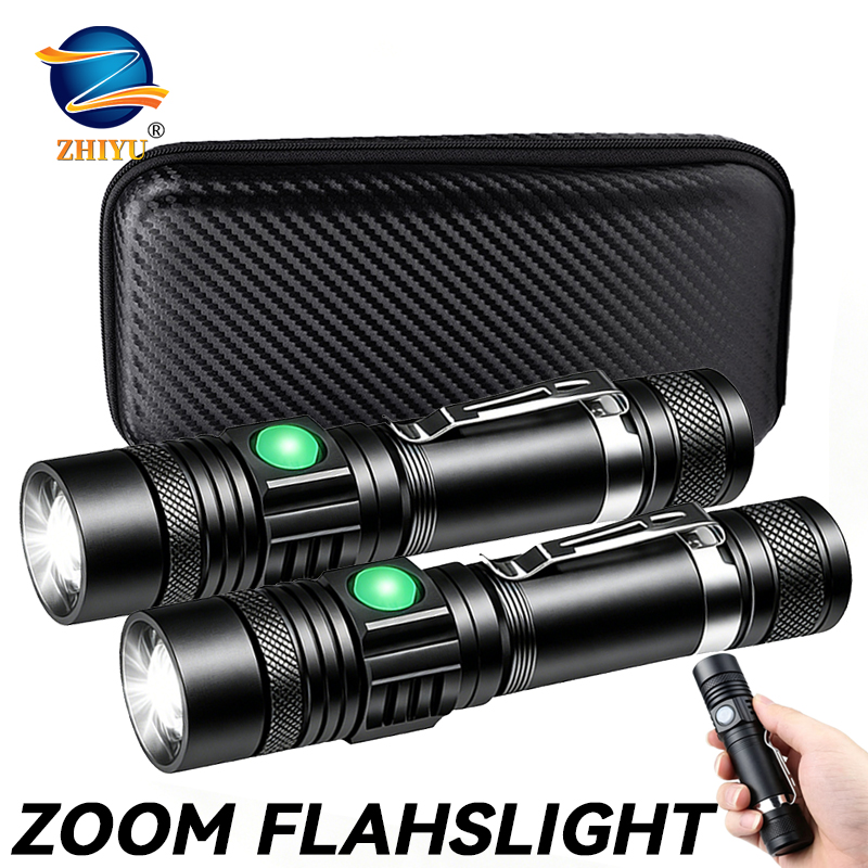 Outdoor Adventure Trips - T6 LED 充電式懐中電灯、18650 ズーム可能なトーチ、キャップクランプ、ヘッドランプ、ペンクリップ、屋外キャンプ用ハンドヘルドワークライト