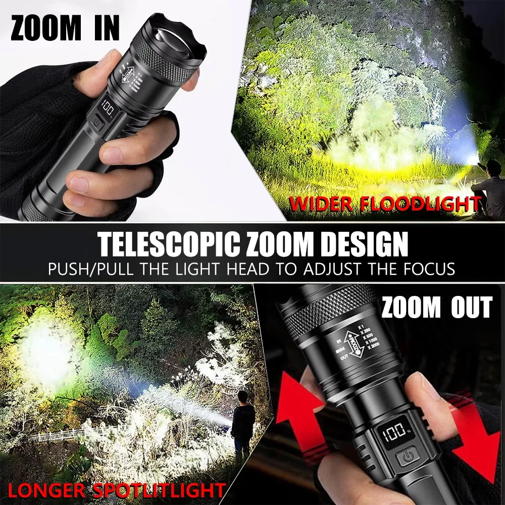充電式 LED 懐中電灯 ズーム可能なトーチ LCD ディス - Outdoor Adventure Trips のレビューと価格